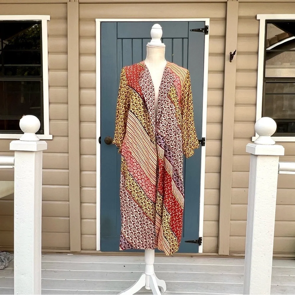 Cabi Multicolor Longline Kimono w/Tie and pockets Patchwork Boho Women’s Size S - Picture 4 of 9